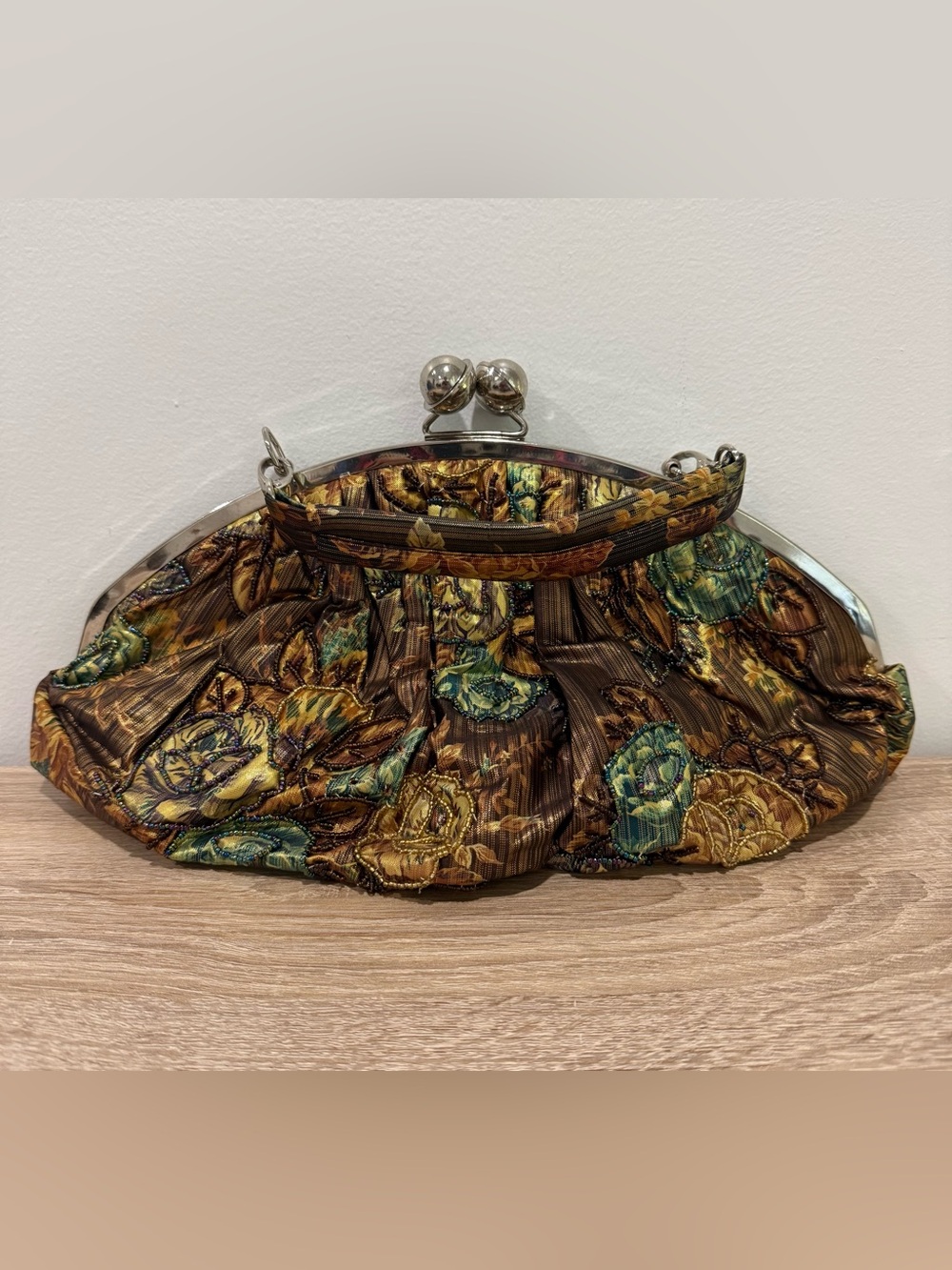 Vtg INS Metallic Brocade Floral Beaded Evening Bag Gold Brown Kiss Lock Clutch